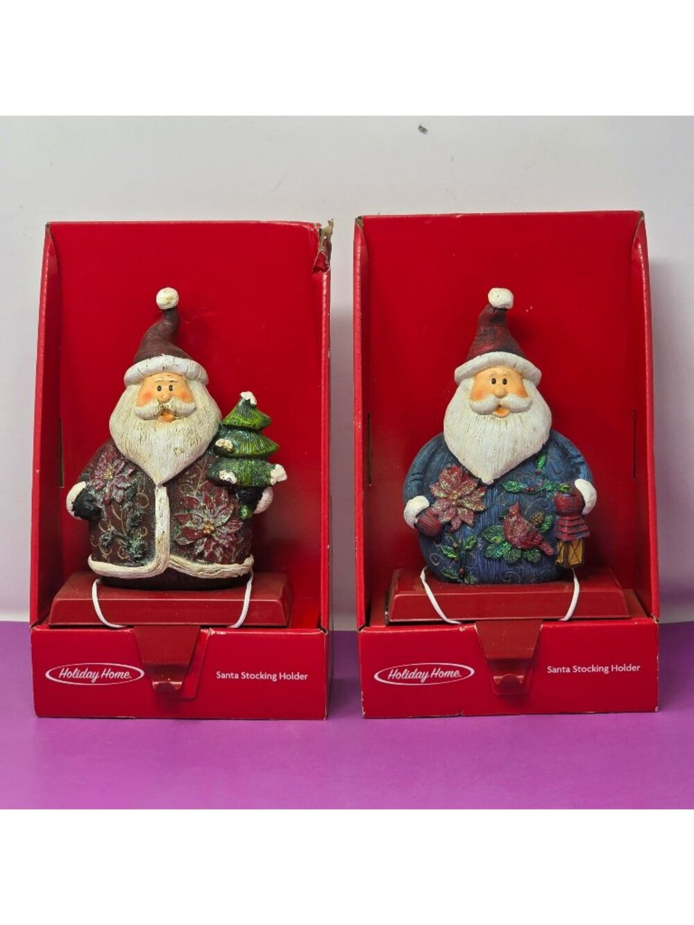 Holiday Home Santa Stocking Holders Box Red & Blue Festive Mantle Display Deco